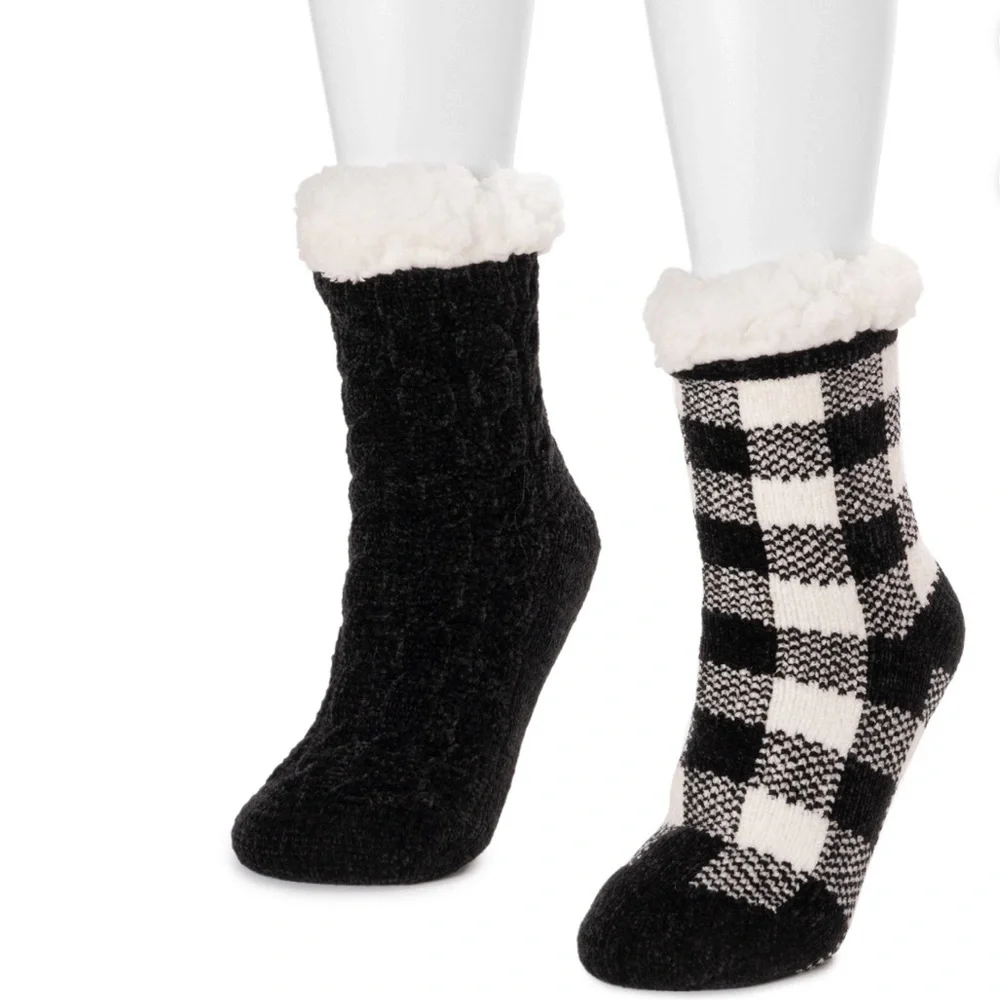 2pack Muk Luk chenille faux fur lined textured non slip mid-calf height socks